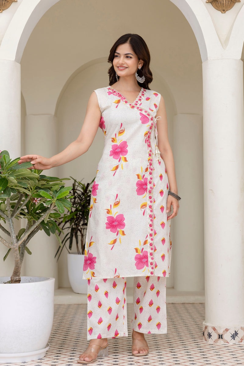 EthniFlair Floral Printed Mirror Work Straight Kurta With Trousers & Dupatta