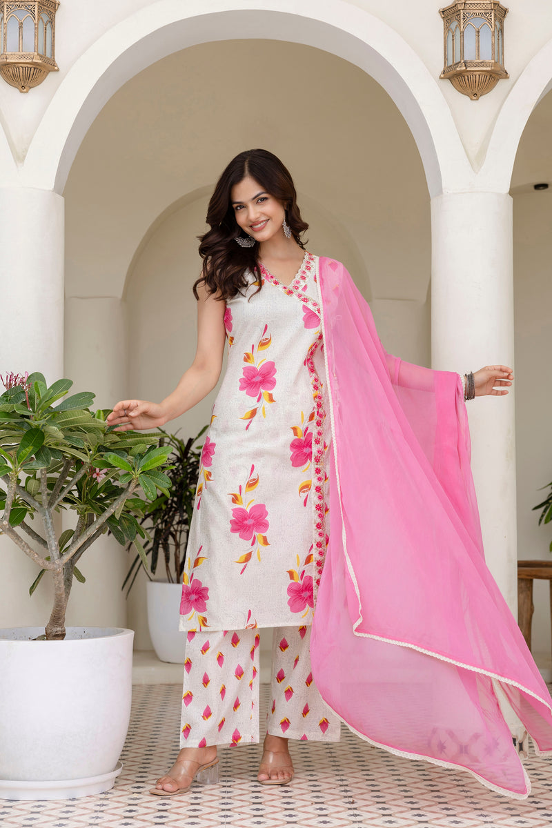 EthniFlair Floral Printed Mirror Work Straight Kurta With Trousers & Dupatta