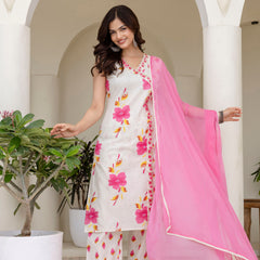 EthniFlair Floral Printed Mirror Work Straight Kurta With Trousers & Dupatta