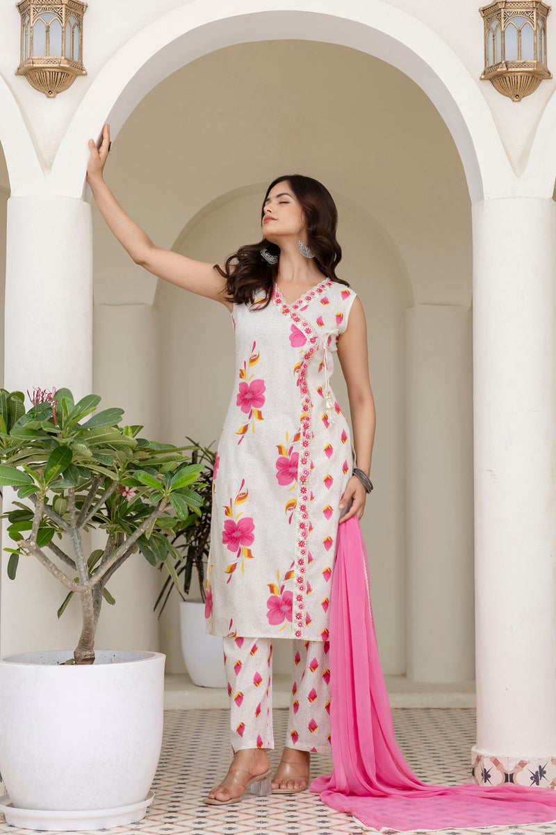 EthniFlair Floral Printed Mirror Work Straight Kurta With Trousers & Dupatta