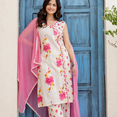EthniFlair Floral Printed Mirror Work Straight Kurta With Trousers & Dupatta