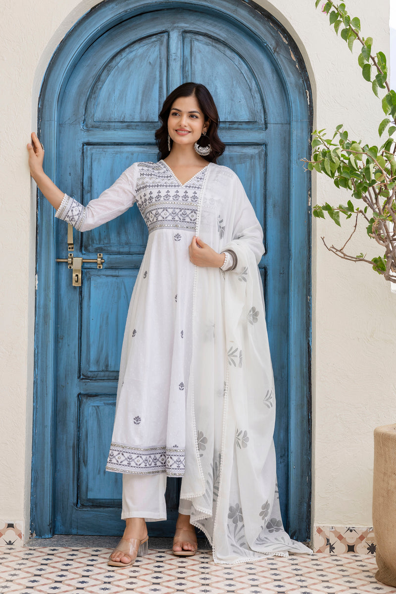 EthniFlair Floral Embroidered Kurta with Trousers & Dupatta