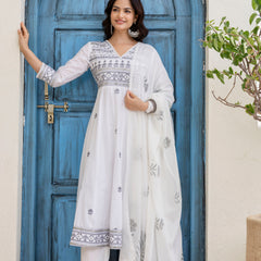 EthniFlair Floral Embroidered Kurta with Trousers & Dupatta