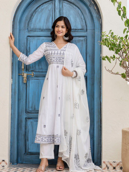 EthniFlair Floral Embroidered Kurta with Trousers & Dupatta