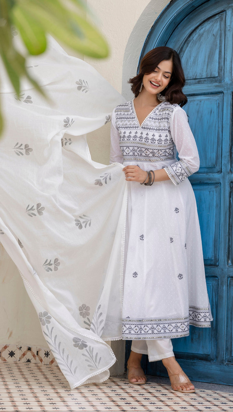 EthniFlair Floral Embroidered Kurta with Trousers & Dupatta