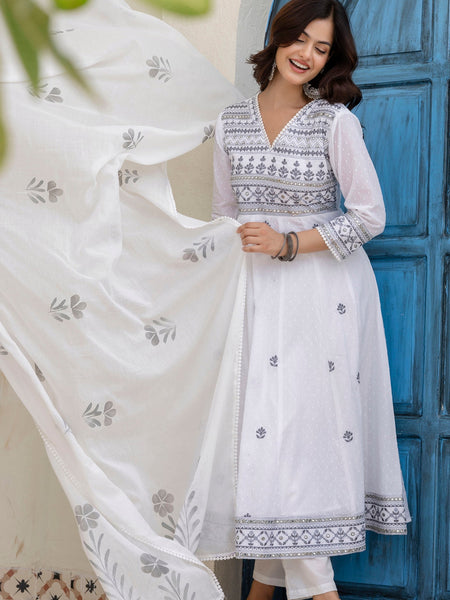 EthniFlair Floral Embroidered Kurta with Trousers & Dupatta