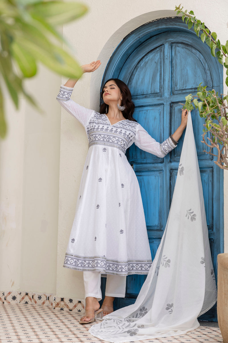EthniFlair Floral Embroidered Kurta with Trousers & Dupatta