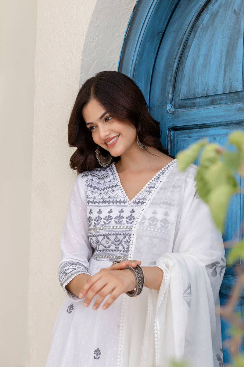 EthniFlair Floral Embroidered Kurta with Trousers & Dupatta