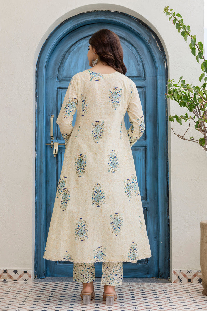 EthniFlair Floral Printed V-Neck A-Line Kurta With Trousers & Dupatta