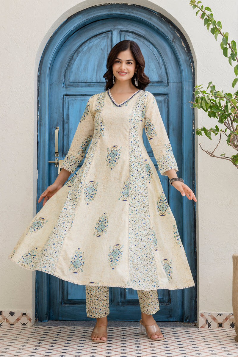EthniFlair Floral Printed V-Neck A-Line Kurta With Trousers & Dupatta