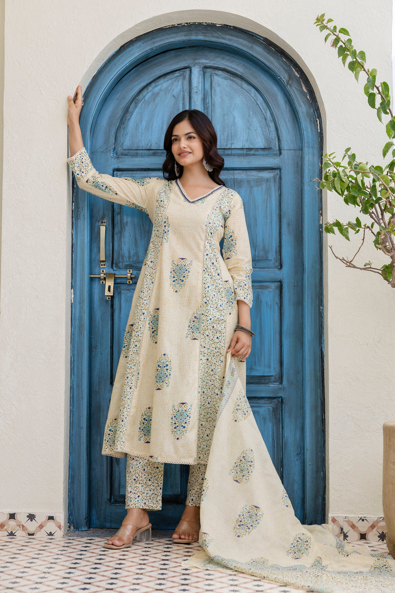 EthniFlair Floral Printed V-Neck A-Line Kurta With Trousers & Dupatta