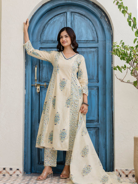 EthniFlair Floral Printed V-Neck A-Line Kurta With Trousers & Dupatta