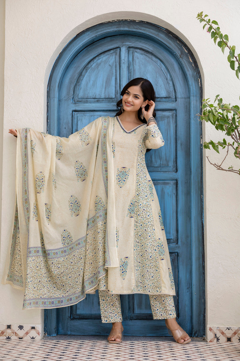 EthniFlair Floral Printed V-Neck A-Line Kurta With Trousers & Dupatta
