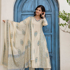 EthniFlair Floral Printed V-Neck A-Line Kurta With Trousers & Dupatta