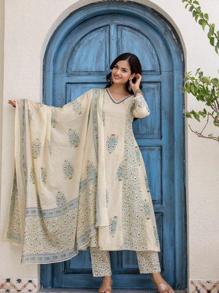 EthniFlair Floral Printed V-Neck A-Line Kurta With Trousers & Dupatta