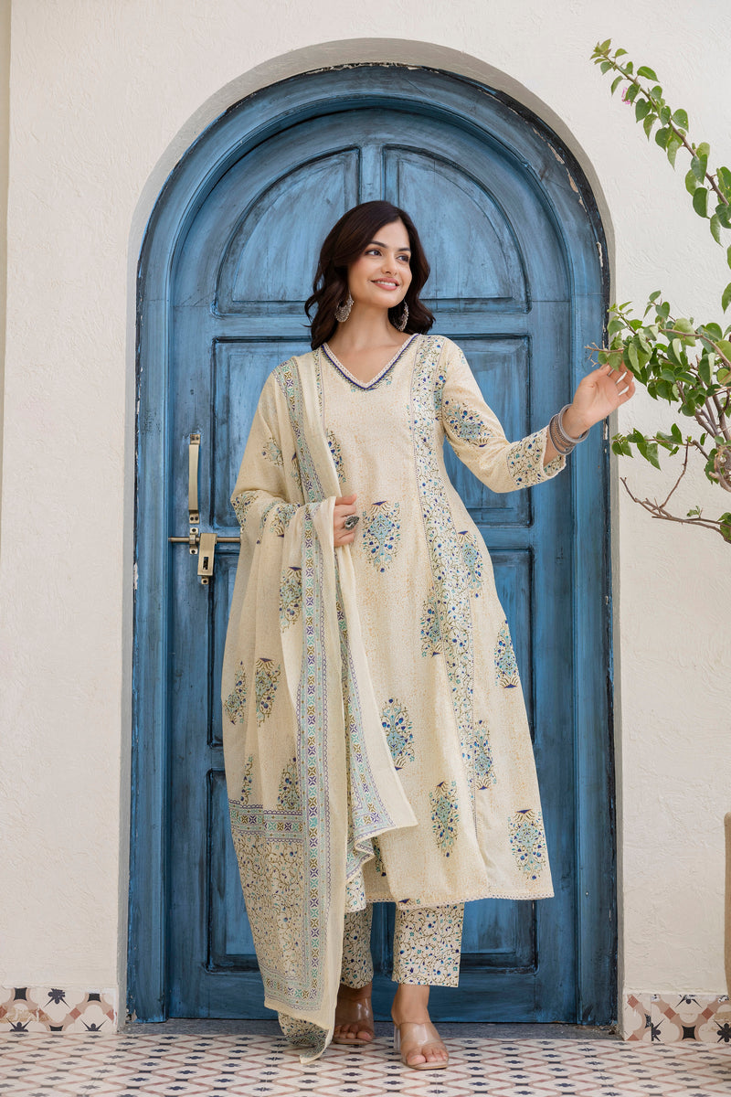 EthniFlair Floral Printed V-Neck A-Line Kurta With Trousers & Dupatta