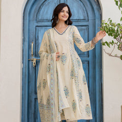 EthniFlair Floral Printed V-Neck A-Line Kurta With Trousers & Dupatta