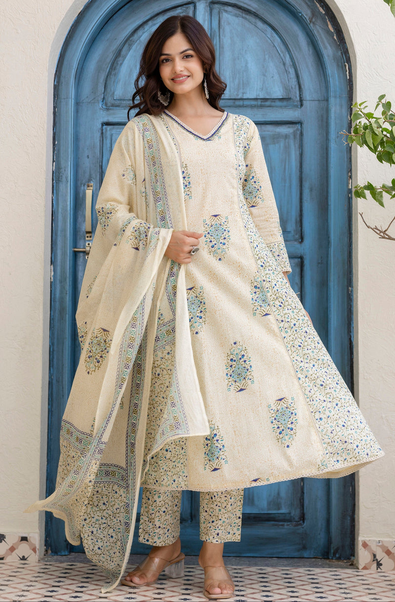 EthniFlair Floral Printed V-Neck A-Line Kurta With Trousers & Dupatta