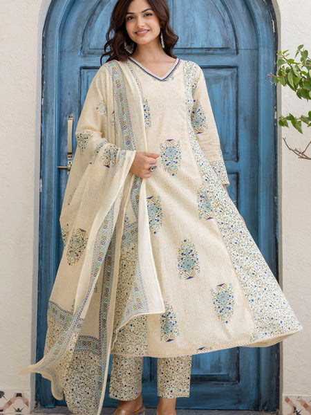 EthniFlair Floral Printed V-Neck A-Line Kurta With Trousers & Dupatta
