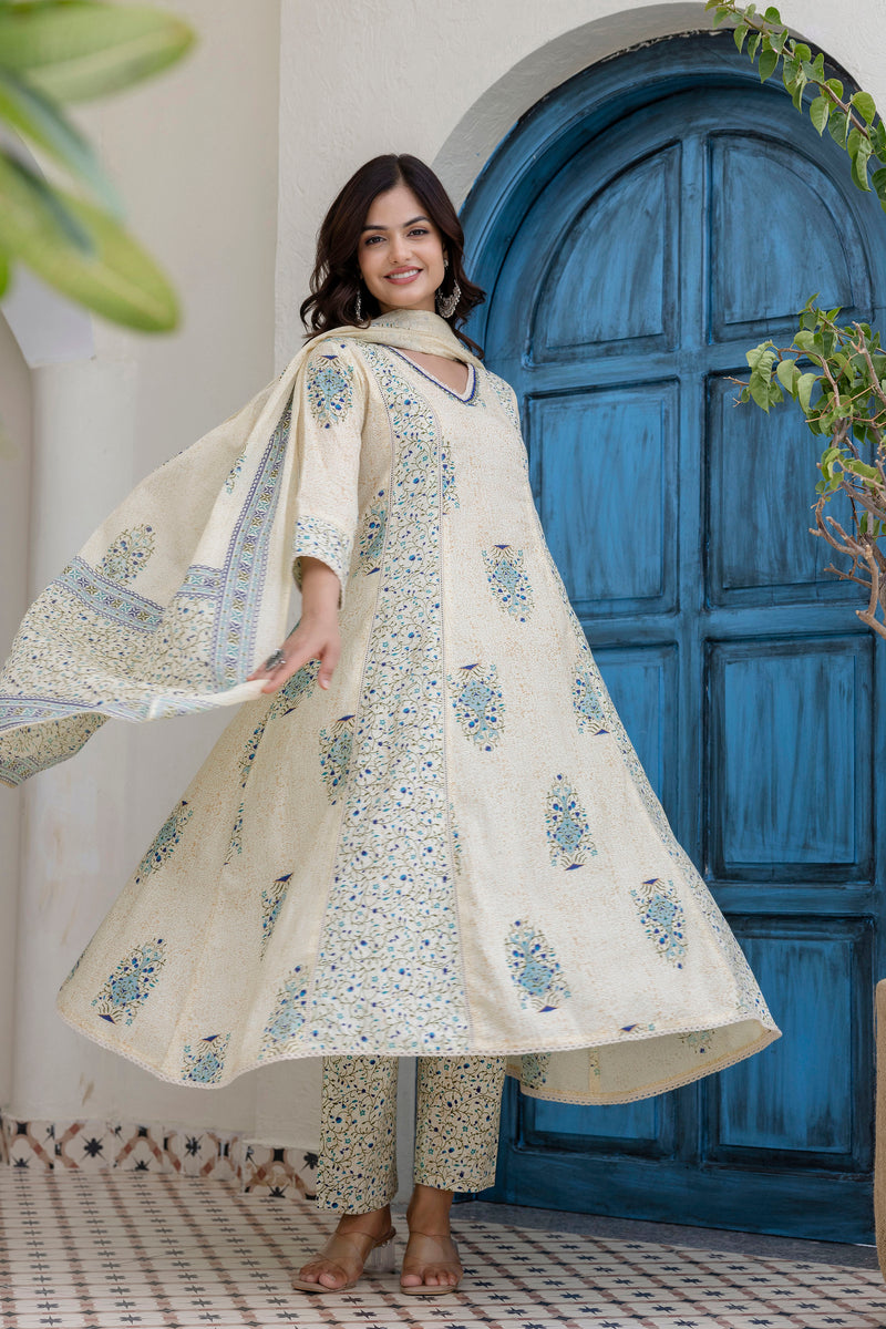 EthniFlair Floral Printed V-Neck A-Line Kurta With Trousers & Dupatta
