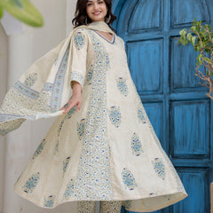 EthniFlair Floral Printed V-Neck A-Line Kurta With Trousers & Dupatta