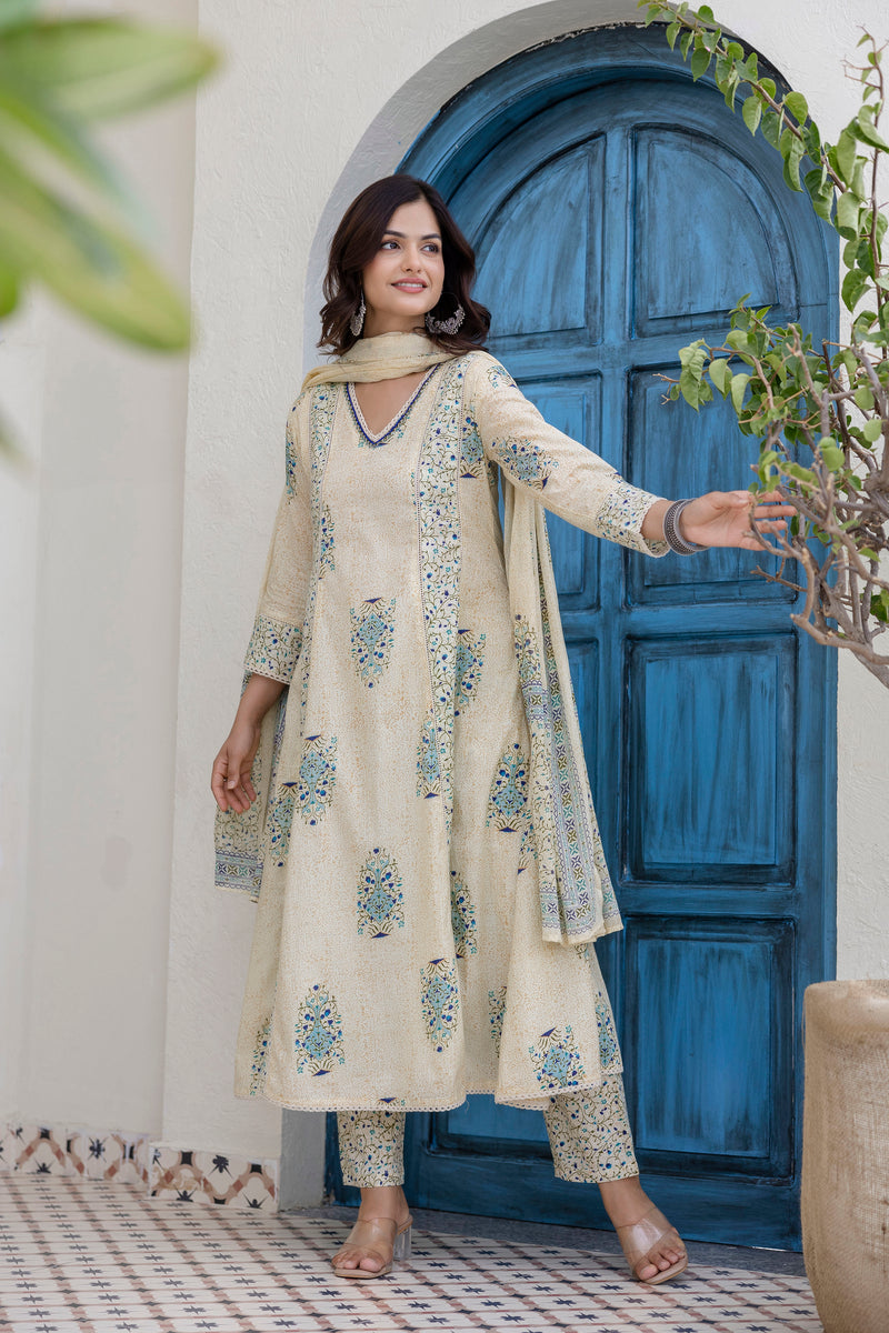 EthniFlair Floral Printed V-Neck A-Line Kurta With Trousers & Dupatta