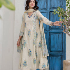 EthniFlair Floral Printed V-Neck A-Line Kurta With Trousers & Dupatta