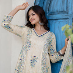 EthniFlair Floral Printed V-Neck A-Line Kurta With Trousers & Dupatta