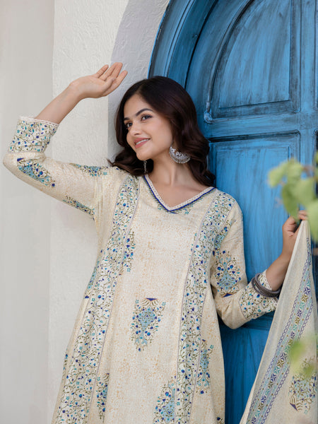 EthniFlair Floral Printed V-Neck A-Line Kurta With Trousers & Dupatta