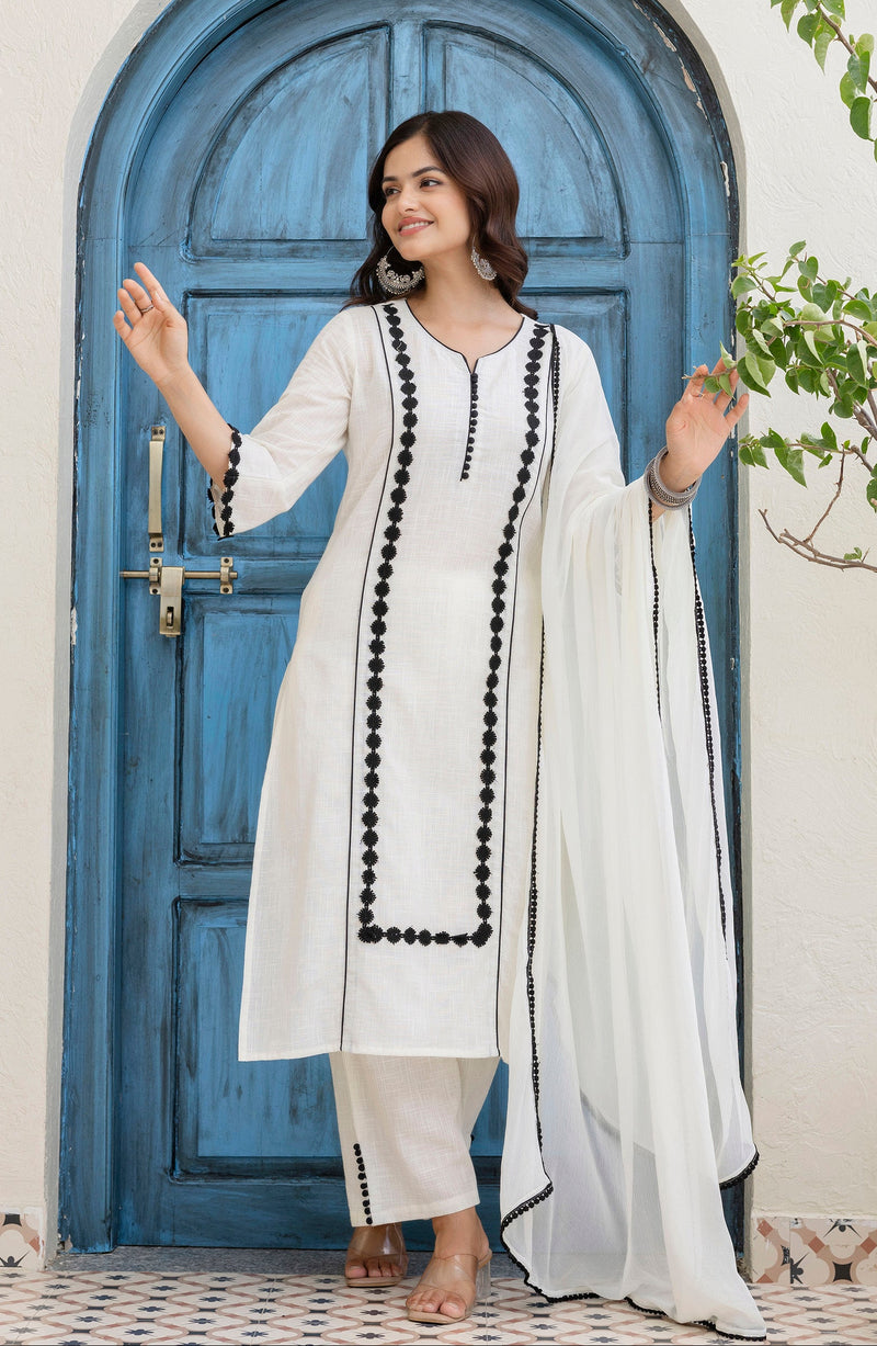 EthniFlair Woven Design Embroidered Kurta with Palazzos & Dupatta