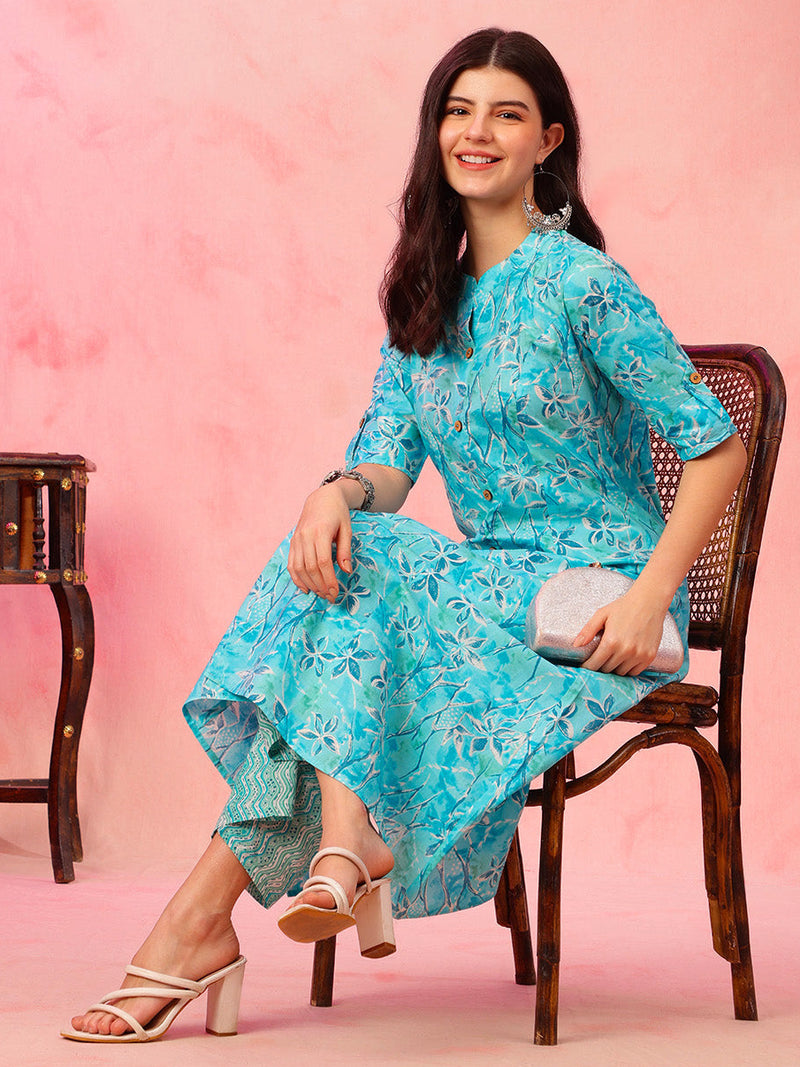 EthniFlair Floral Printed Mandarin Collar Kurta with Palazzos