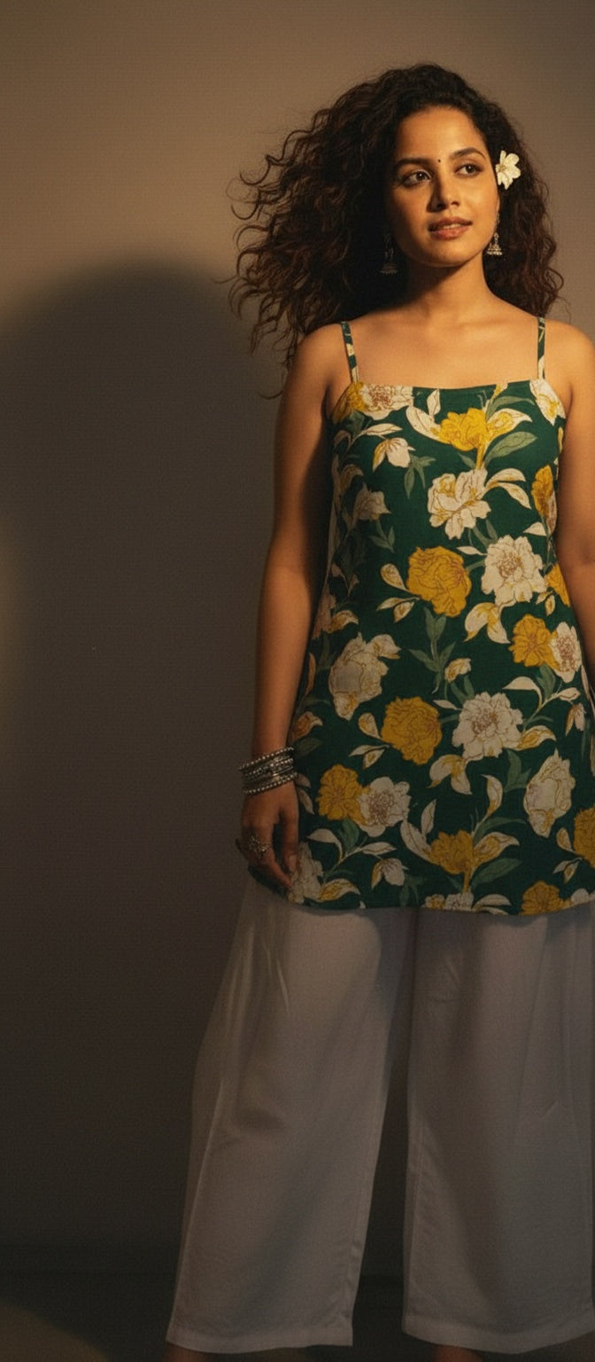Women Cotton Green Floral Back Tie-up Shoulder Strap Kurti