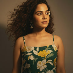 Women Cotton Green Floral Back Tie-up Shoulder Strap Kurti