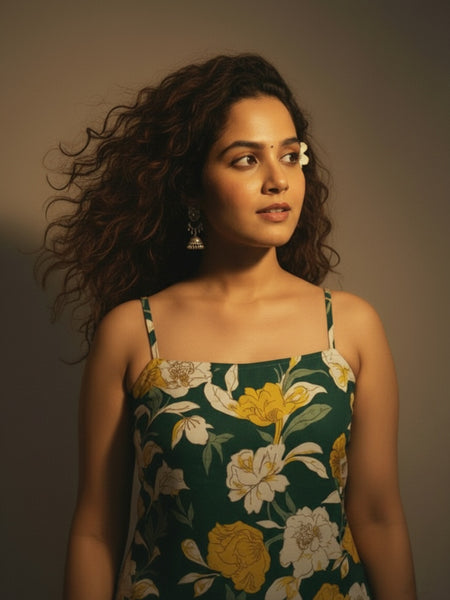 Women Cotton Green Floral Back Tie-up Shoulder Strap Kurti