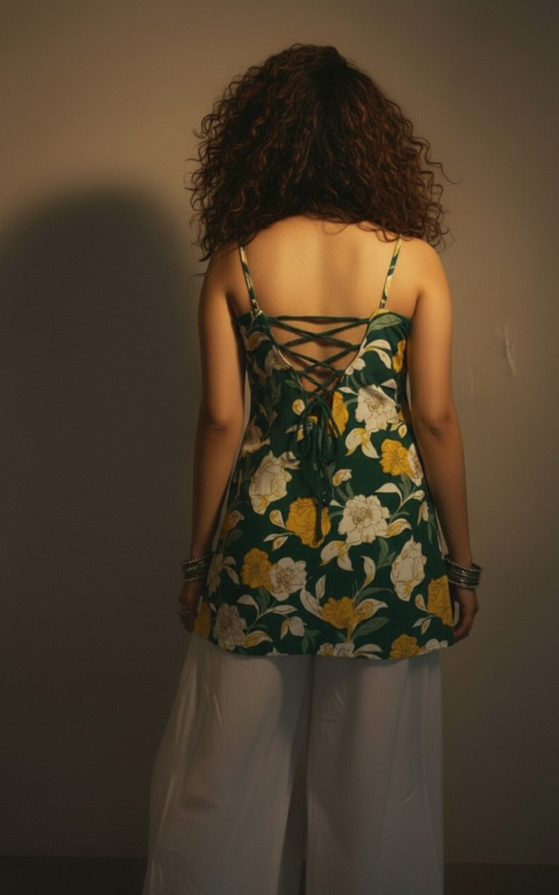 Women Cotton Green Floral Back Tie-up Shoulder Strap Kurti