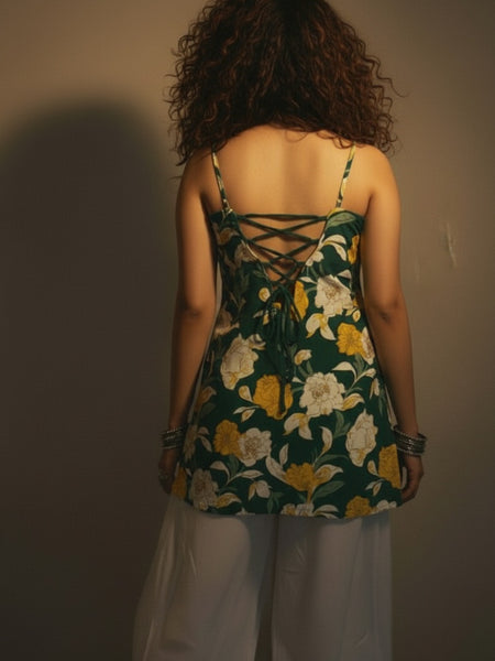 Women Cotton Green Floral Back Tie-up Shoulder Strap Kurti