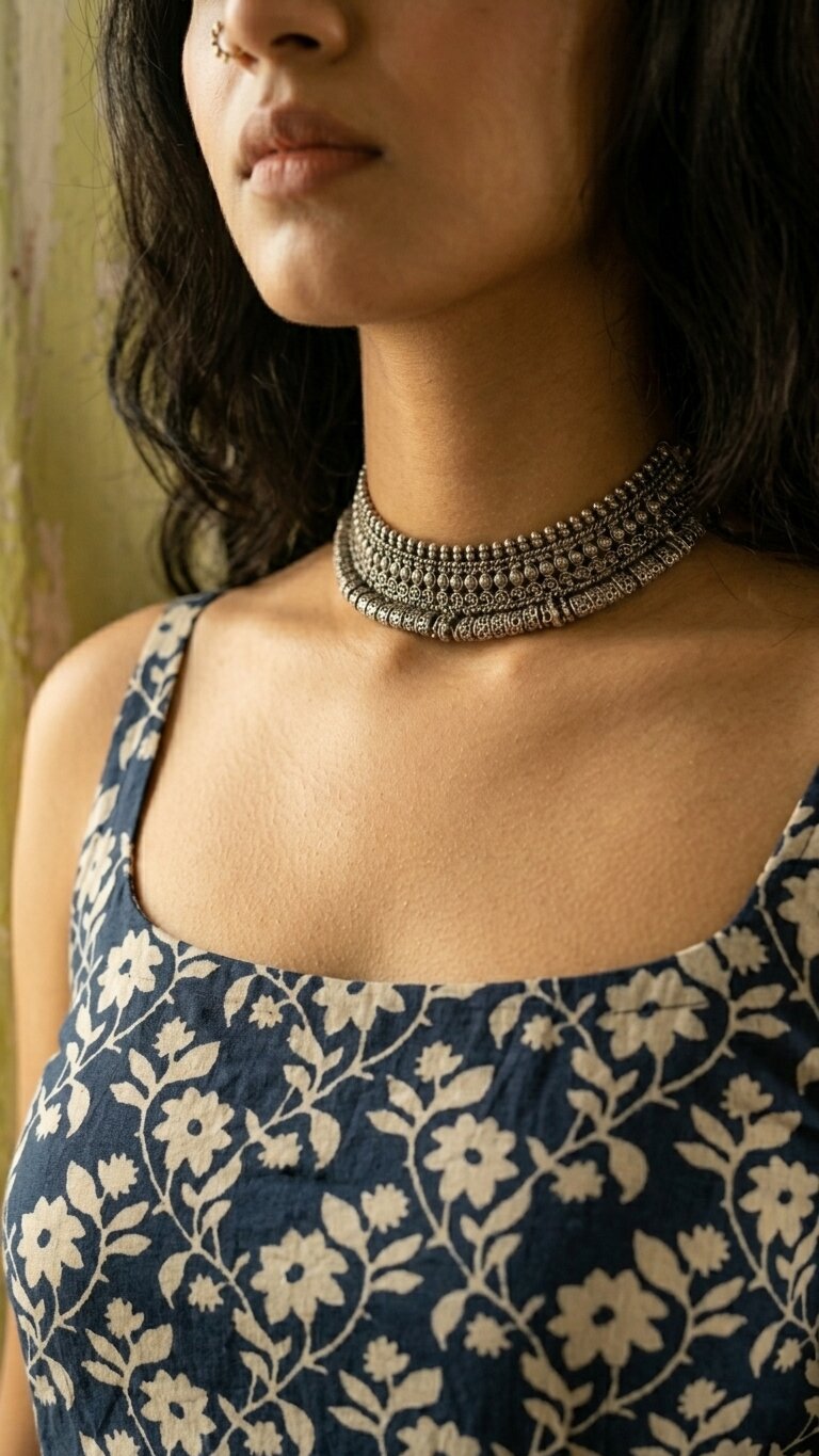 Cotton Blue Floral Square neck Kurti