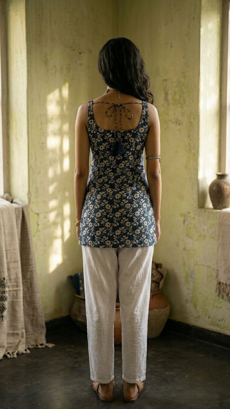 Cotton Blue Floral Square neck Kurti