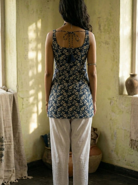 Cotton Blue Floral Square neck Kurti