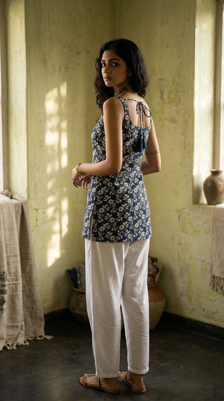 Cotton Blue Floral Square neck Kurti
