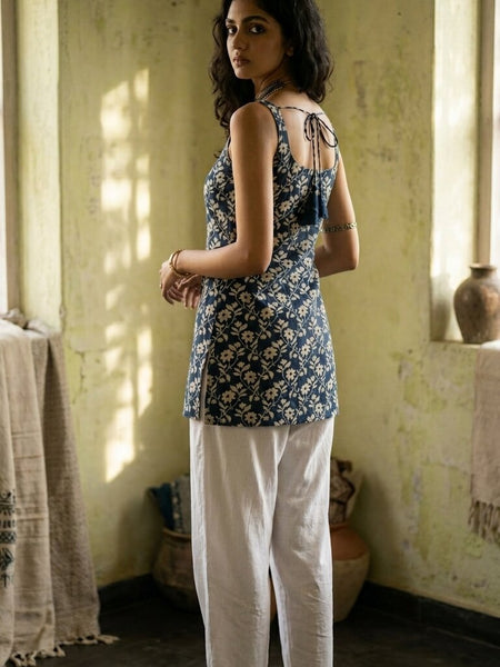 Cotton Blue Floral Square neck Kurti
