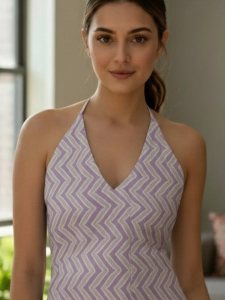 Cotton Chevron Lavender Halter neck Kurti