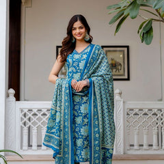 EthniFlair Women Cotton Lace Motifs Sleeveless Straight Kurta Pant Dupatta Set
