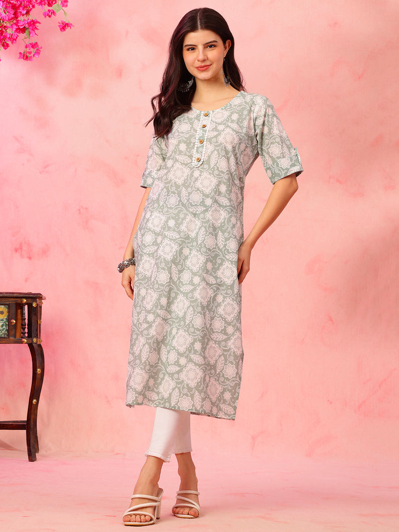 EthniFlair Floral Printed Round Neck Straight Kurta