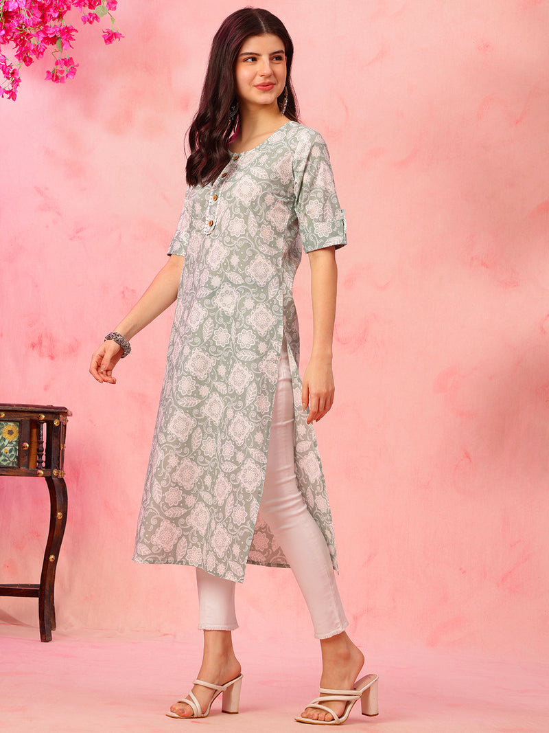 EthniFlair Floral Printed Round Neck Straight Kurta