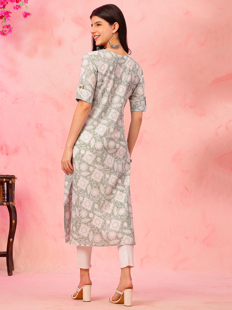 EthniFlair Floral Printed Round Neck Straight Kurta
