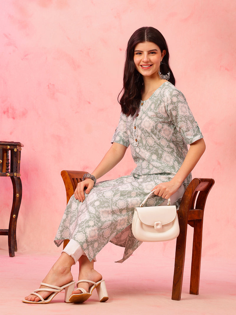 EthniFlair Floral Printed Round Neck Straight Kurta