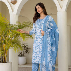 EthniFlair Women Cotton Pintucks detail Straight kurta Pant & Dupatta