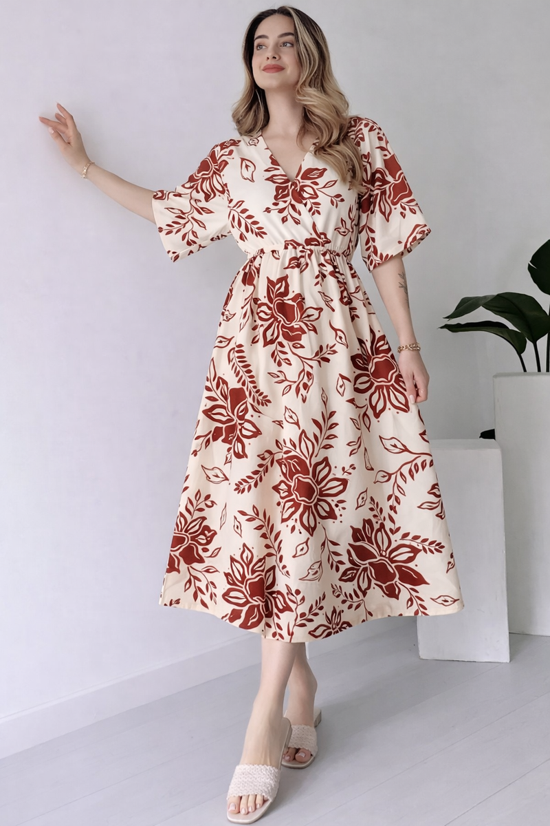 EthniFlair Floral Print Wrap Midi Dress