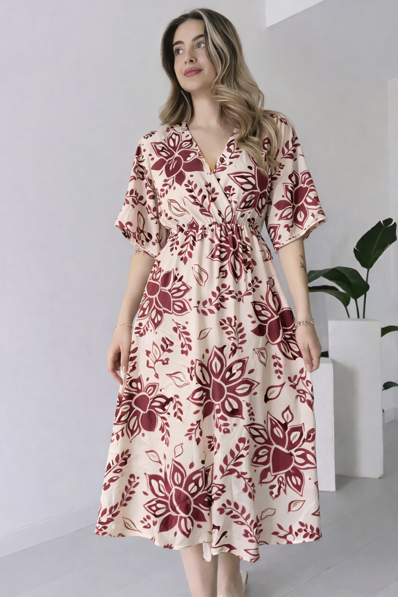 EthniFlair Floral Print Wrap Midi Dress